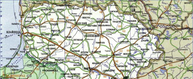 Mappa stradale lituana dettagliata in russo.  Mappa della lituania con le città